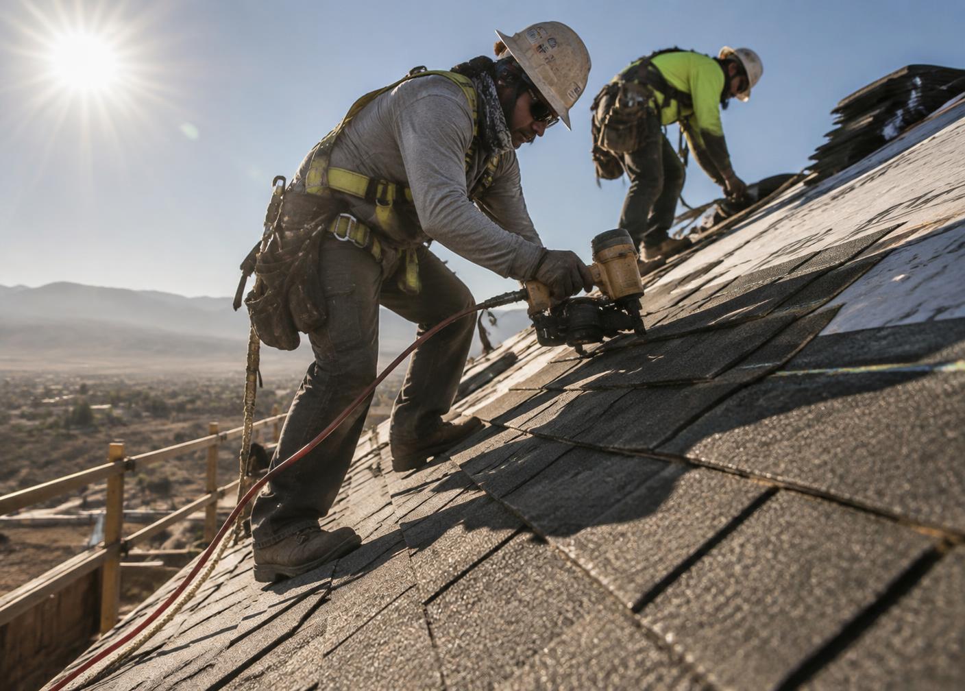 Rhino roofing crew nailing shingles on a steep roof in bright desert sun