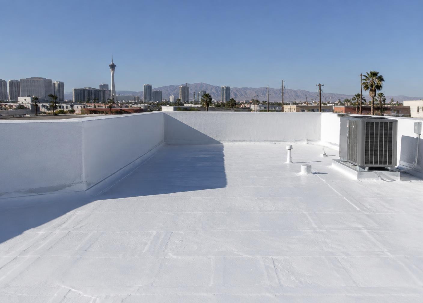 Freshly coated white flat commercial roof with parapet walls under a clear sky