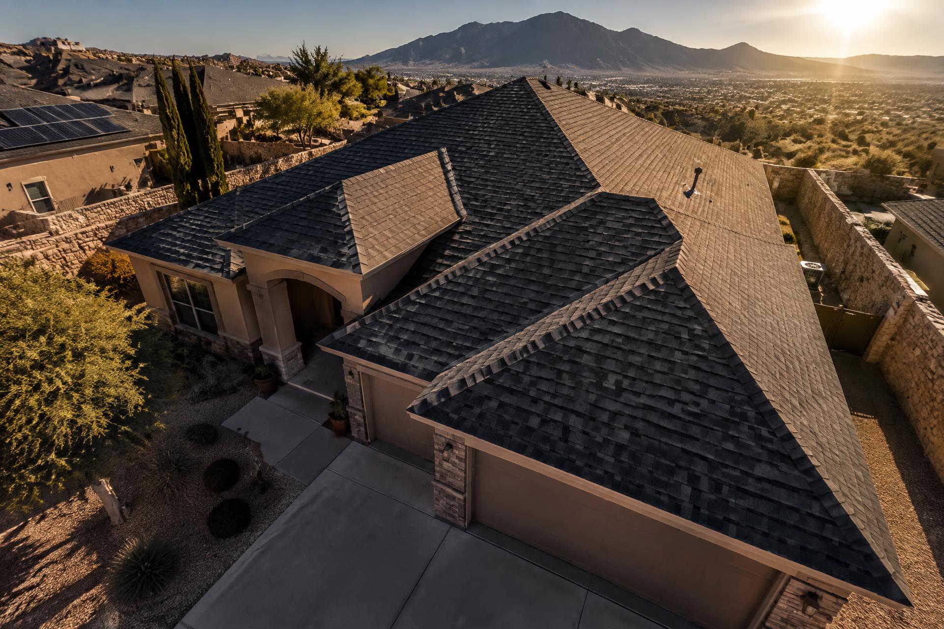 Aerial view of a newly shingled El Paso area home at sunrise