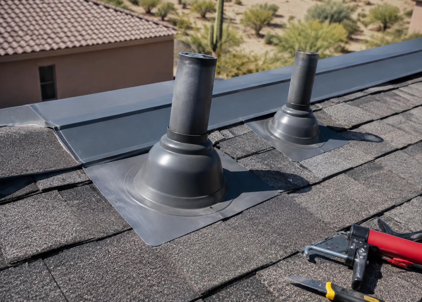 New metal flashing and sealed vent boots on a residential shingle roof