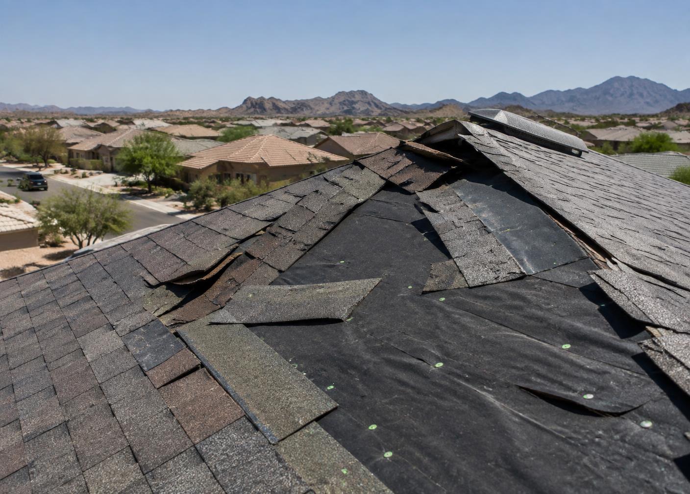 Wind-damaged roof with lifted shingles and exposed underlayment being inspected
